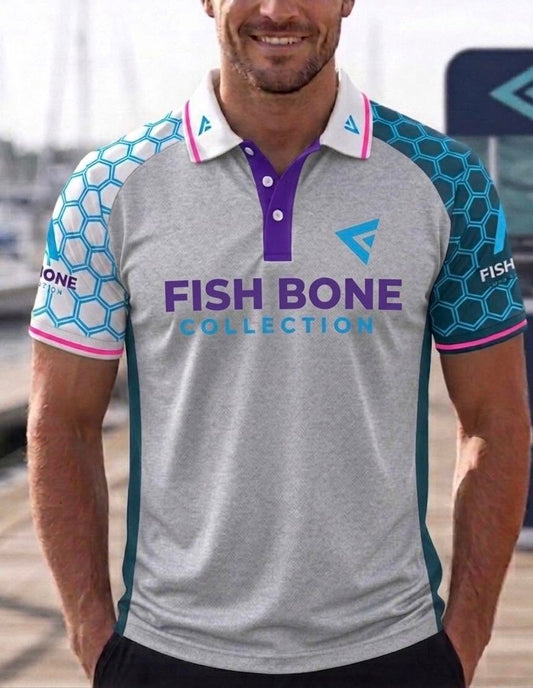 Performance Polo – Heathered Gray & Cyan Teal | Fish Bone Collection