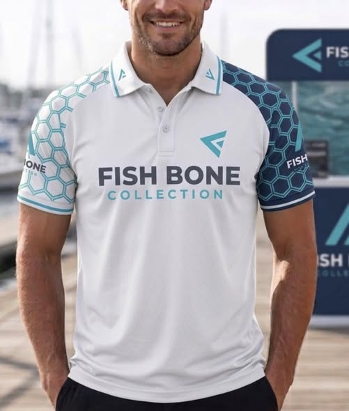 Fish Bone Collection Asymmetrical Teal & Navy Performance Polo